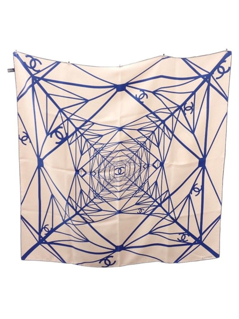 Chanel CC Logo Geometric Scarf Silk Beige Blue Included